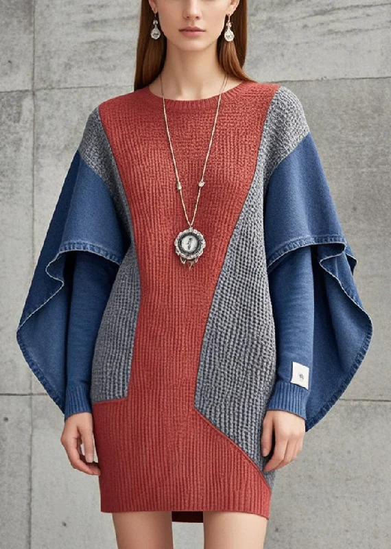 Brick Red Patchwork Denim Knit Sweater Dress Oversized Butterfly Sleeve