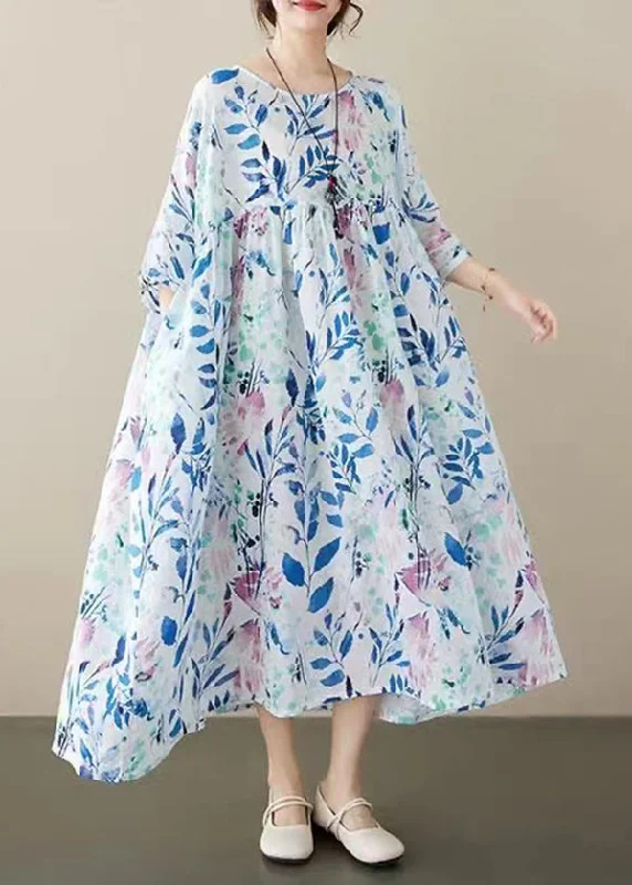 Casual Blue O Neck Print Plus Size Cotton Dress Summer AP047
