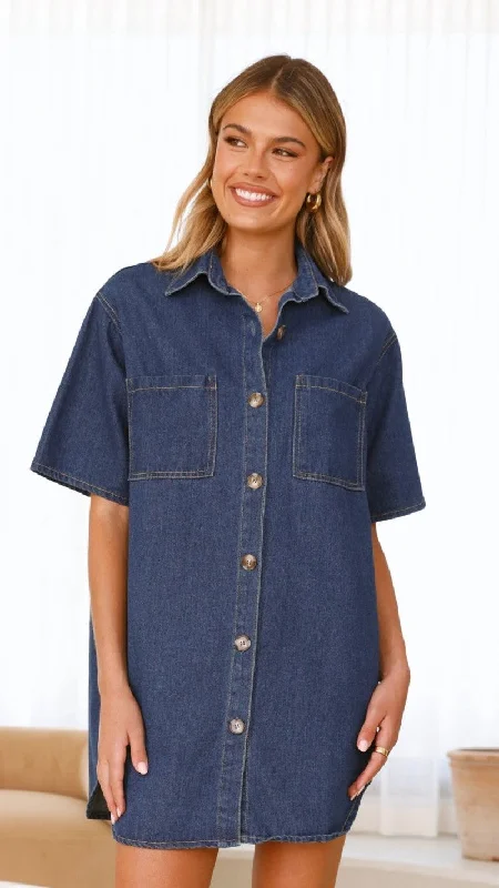 Chaney Button Up Mini Dress - Dark Denim Cozy T-Shirt Mini Dress