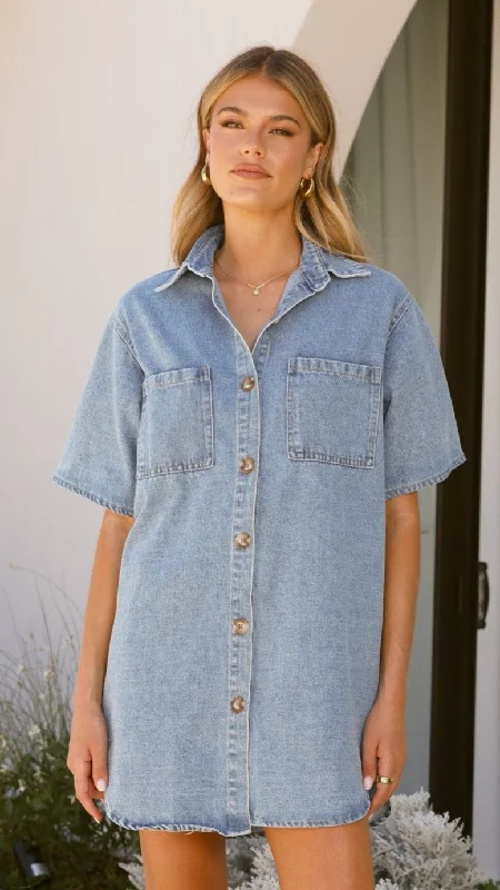 Chaney Button Up Mini Dress - Medium Denim Comfortable Boho Mini Dress