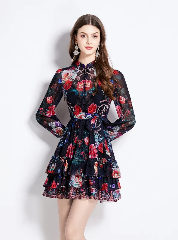 CHIFFON HIGH-NECKED LANTERN SLEEVE MINI DRESS Fashionable Lace Mini Dress