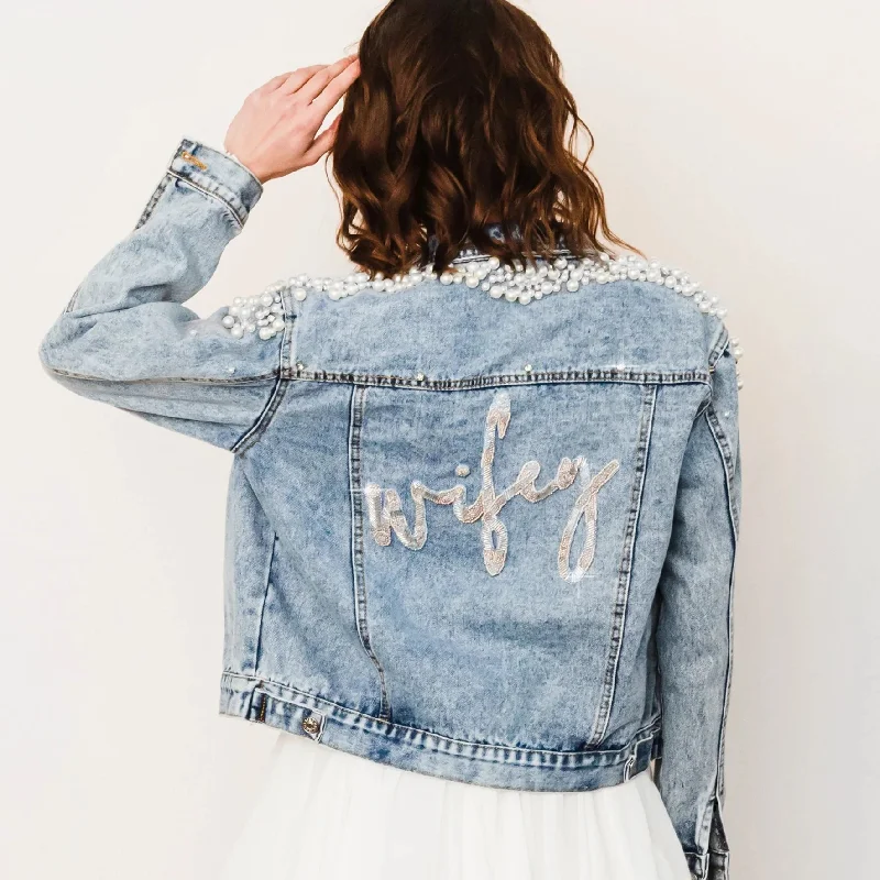 Cluster Pearl Beaded Wifey Denim Jacket Front Pockets Side Pockets Patch Pockets