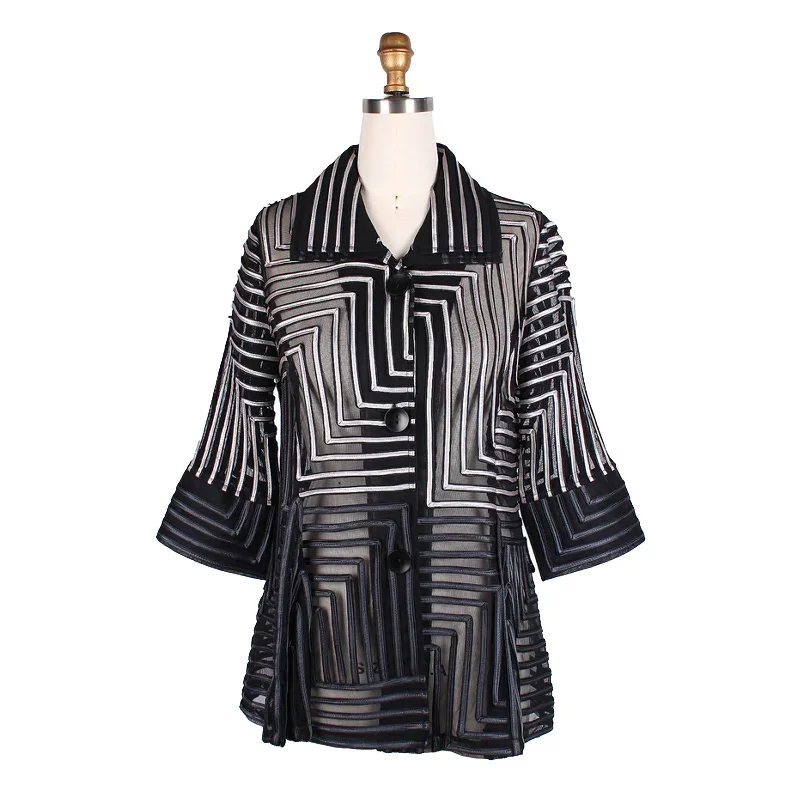 Damee Sheer Geometric Soutache Jacket in Grey/Black - 2370-GRY Nylon Fabric Polyester Fabric Spandex Fabric