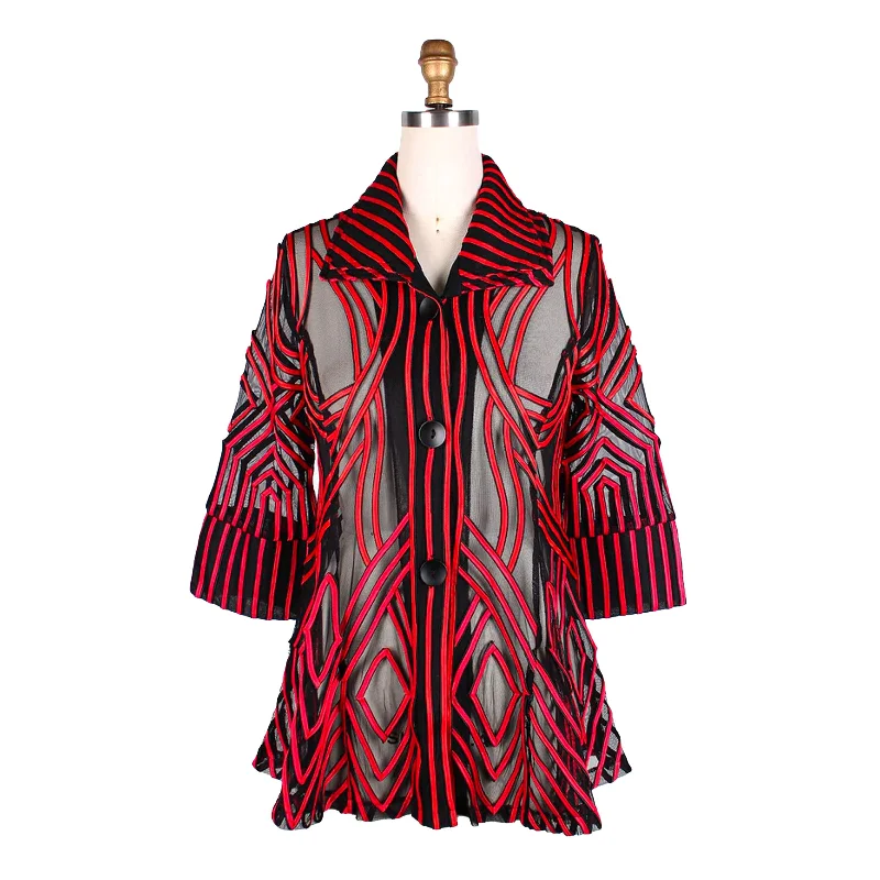 Damee Soutache Design on Mesh Button Front Jacket in Red - 2363-RD Appliqued Jacket Beaded Jacket Sequined Jacket