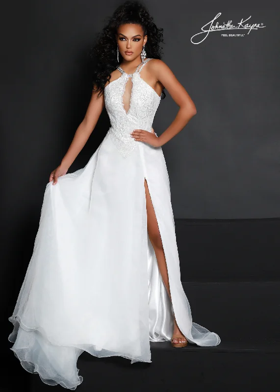 Johnathan Kayne 2627 Size 0, 4, 6 White Long A Line High Neck Sequin Formal Pageant Dress Crystal Strap Gown
