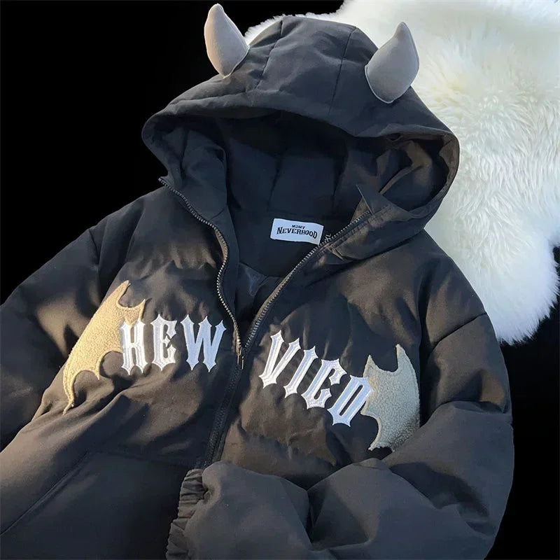 Couples Winter Devil Bread Clothing Casual Hooded Jacket Embroidered Cotton-padded Y2K Jackets Coats New Jacket In Winter 2023 Faux Fur Jacket Real Fur Jacket Shearling Jacket