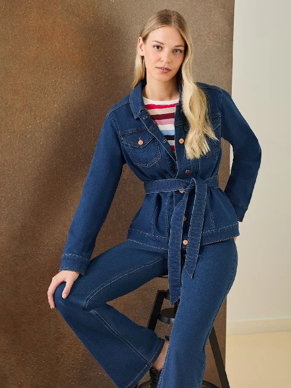 Denim Belted Button-Front Jacket, Phoenix Wash Faux Fur Fabric Real Fur Fabric Shearling Fabric