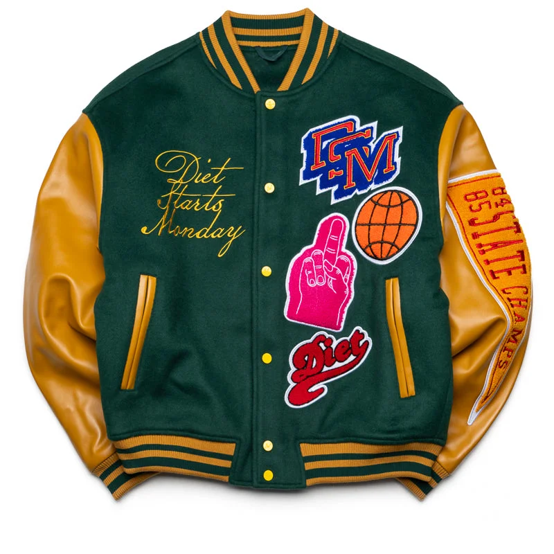 Diet Starts Monday Varsity Jacket - Green/Gold Rayon Fabric Velvet Fabric Corduroy Fabric