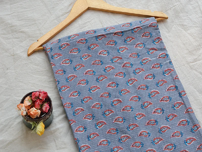 Dress Blue & Orange Motifs Pure Cotton Kantha Fabric