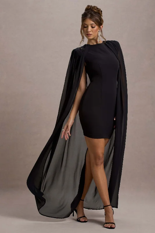 Elysium | Black Bodycon Mini Dress With Chiffon Cape Trendy Tulle Mini Dress