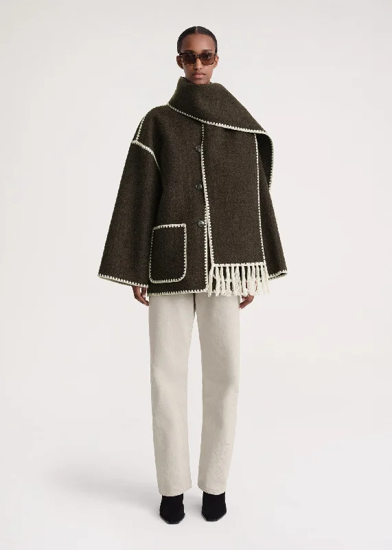 Embroidered scarf jacket chocolate melange Belted Jacket Elasticated Jacket Padded Jacket