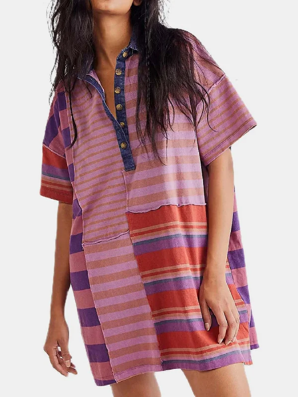 Exposed Seam Striped Half Sleeve Mini Dress Elegant Vintage Mini Dress