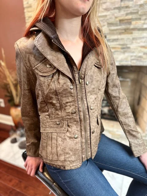 Women's Faux Leather Jacket - Wash Brown (801104) Mesh Jacket Canvas Jacket Denim Jacket