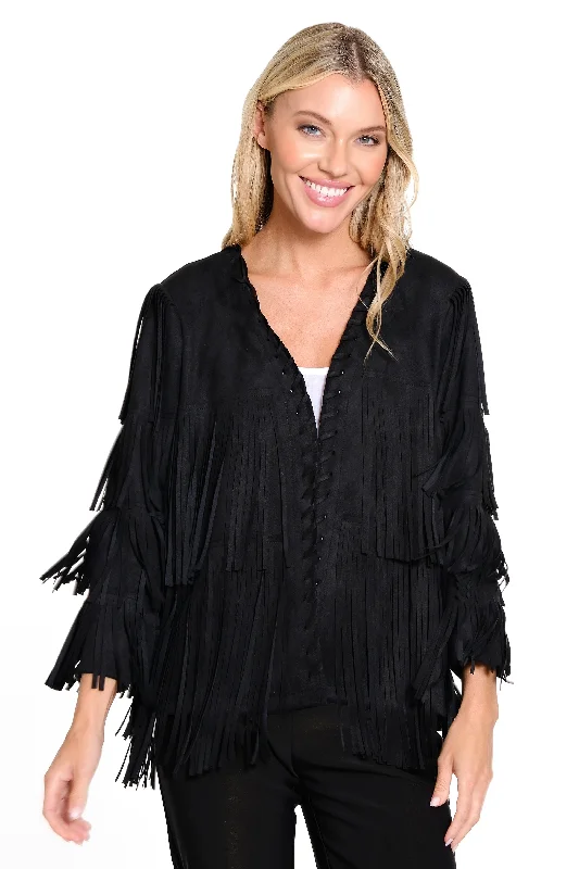 Faux Suede Fringe Jacket - Black Tailored Jacket Straight Jacket A-Line Jacket