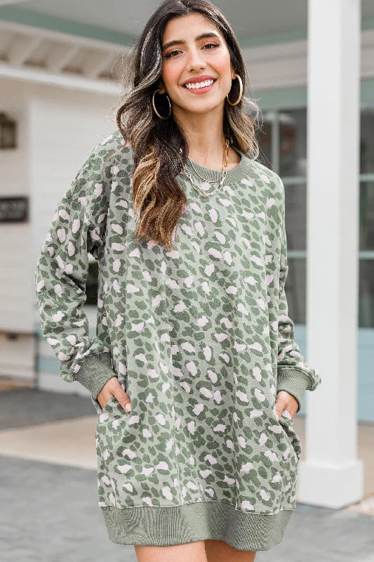 Feel The Fame Sage Green Leopard Mini Dress Cozy Knit Mini Dress