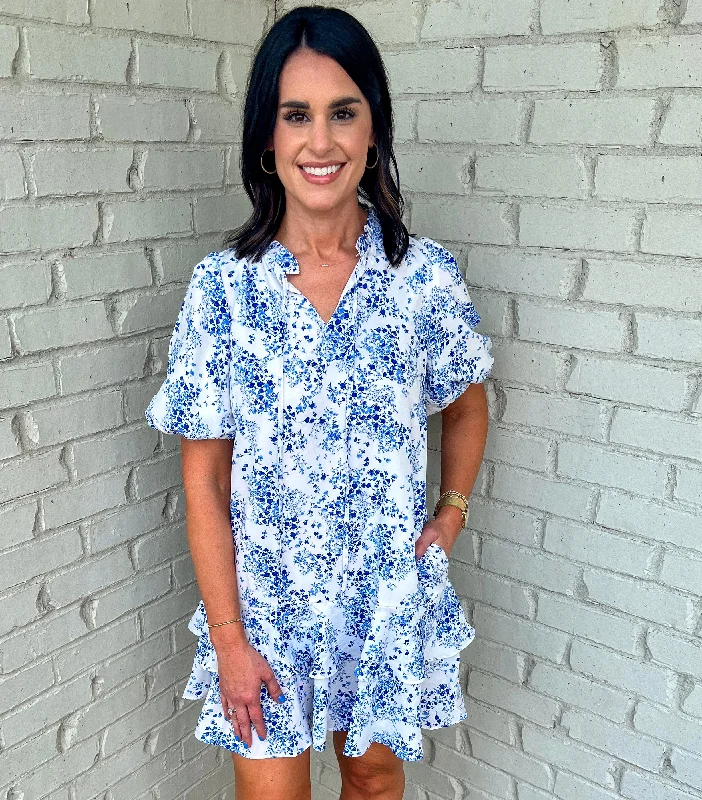 FEELS LIKE SUMMER BLUE FLORAL MINI DRESS Trendy Button-Detail Mini Dress