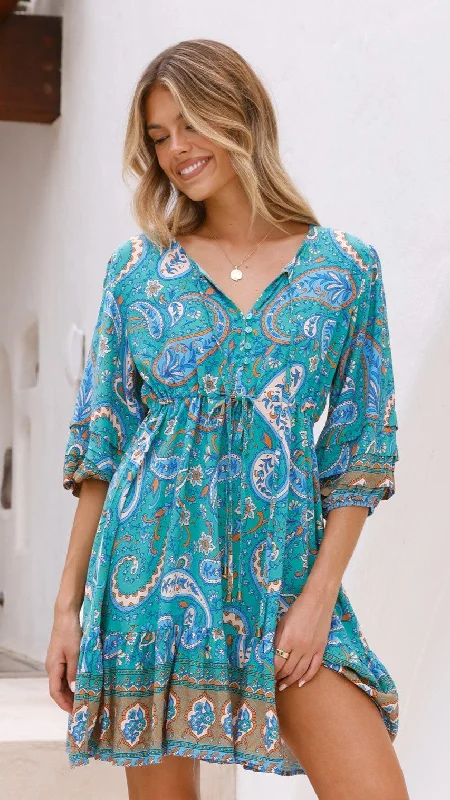 Fields Mini Dress - Green Print Stylish Ribbed Mini Dress