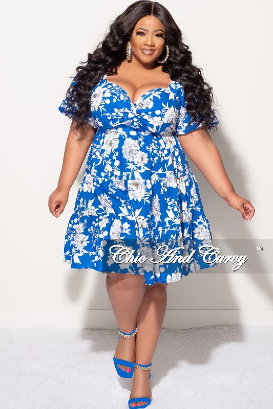 Final Sale Plus Size Dress in Royal Blue & White Design Print