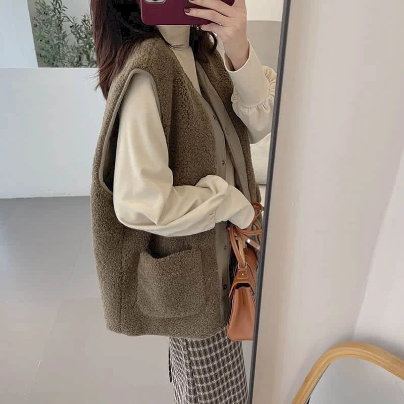 Fleece Waistcoats for Women Plush Vests O-neck Casual Sleeveless Cardigans Oversized Wear Both Sides Jackets Loose Women Tops Tailored Jacket Straight Jacket A-Line Jacket