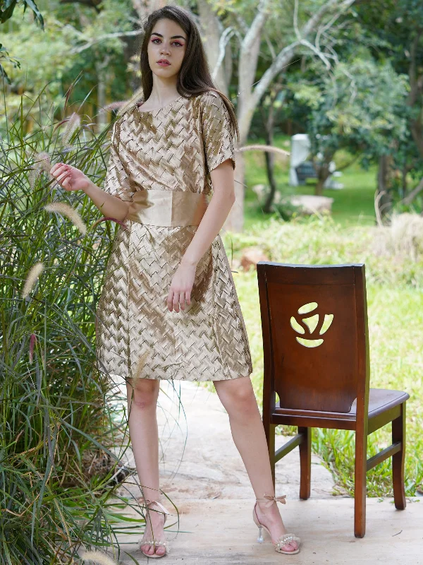 Odette Women Golden Shiny Polyester Satin Self Design Stitched Dress