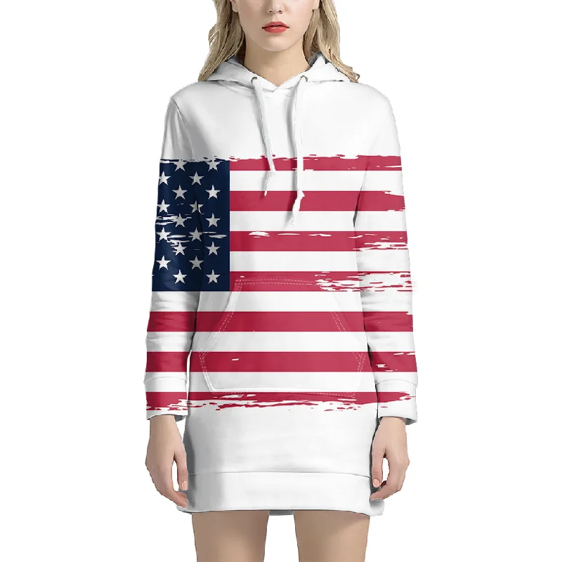 Grunge Flag Of USA Print Pullover Hoodie Dress