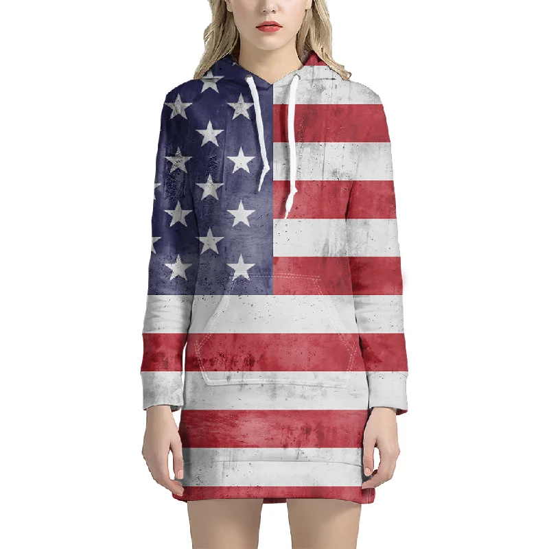 Grunge USA Flag Print Pullover Hoodie Dress