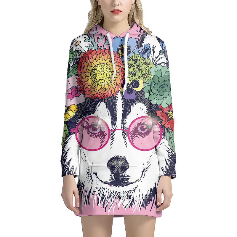 Hippie Siberian Husky Print Pullover Hoodie Dress