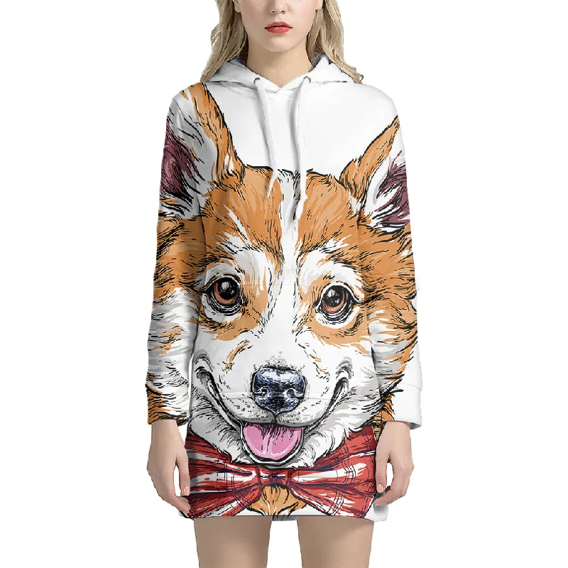 Hipster Pembroke Welsh Corgi Print Pullover Hoodie Dress
