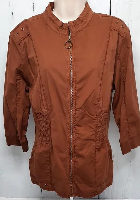 Jacket-Brown-2 Pocket-Zipper Front-Women's-14093w Front Pockets Side Pockets Patch Pockets