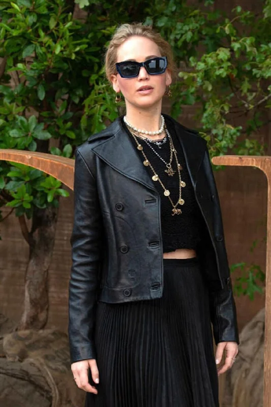 Jennifer Lawrence Black Leather Jacket by TJS Mesh Jacket Canvas Jacket Denim Jacket