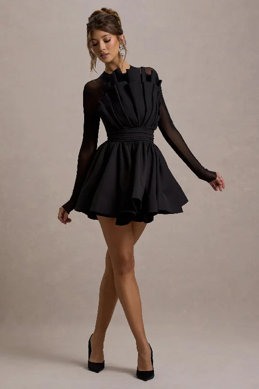 Jeri | Black Mesh Long-Sleeve Ruffled Mini Dress Classic Floral Print Mini Dress