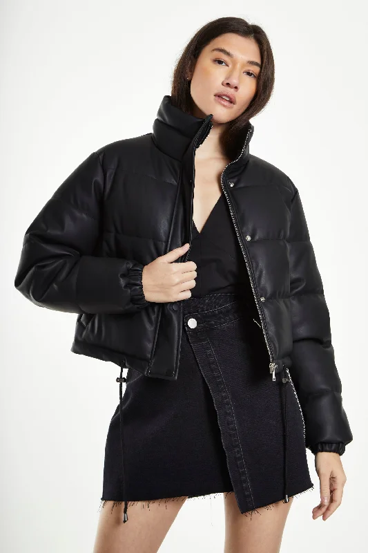 Glamorous Black Cropped Puffer Jacket with Toggles Denim Fabric Leather Fabric Suede Fabric