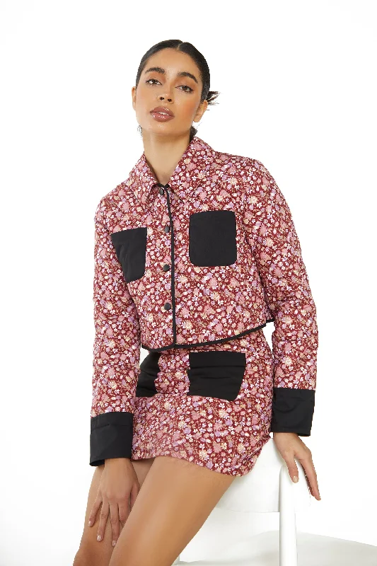 Glamorous Burgundy Chintz Black Button Front Padded Crop Jacket Quilted Jacket Puffer Jacket Insulated Jacket