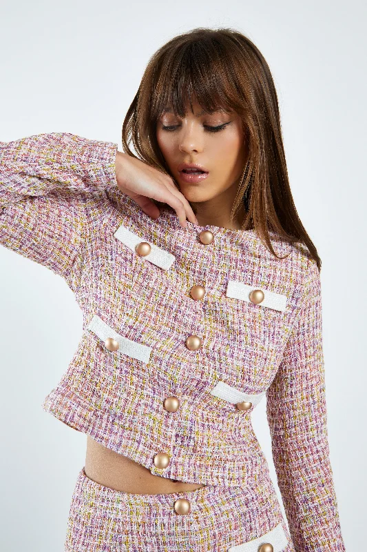Glamorous Pink Multi Tweed White Jacket with Contrast Trim Pockets Snapped Jacket Toggled Jacket Drawstring Jacket