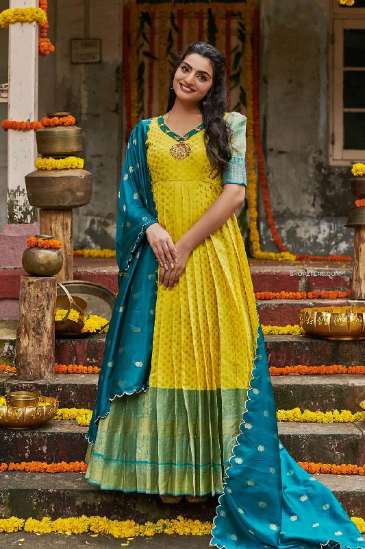 Lemon Yellow Banarasi Anarkali Dress