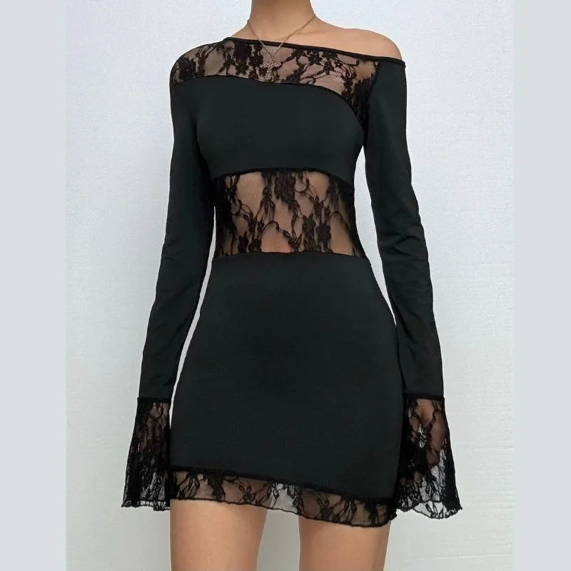 Long sleeve lace irregular one shoulder mini dress Fashionable Summer Mini Dress