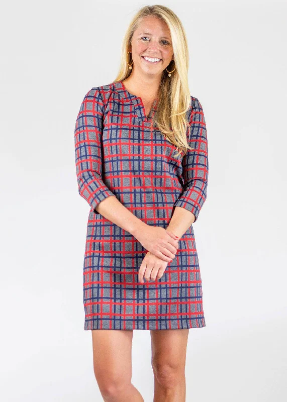 Lucille Dress 3/4 Sleeve - Plaid Grey/Navy/Red