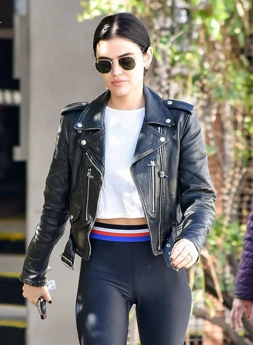 Lucy Hale Studio City Black Leather Jacket Zip Front Button Front Snap Front