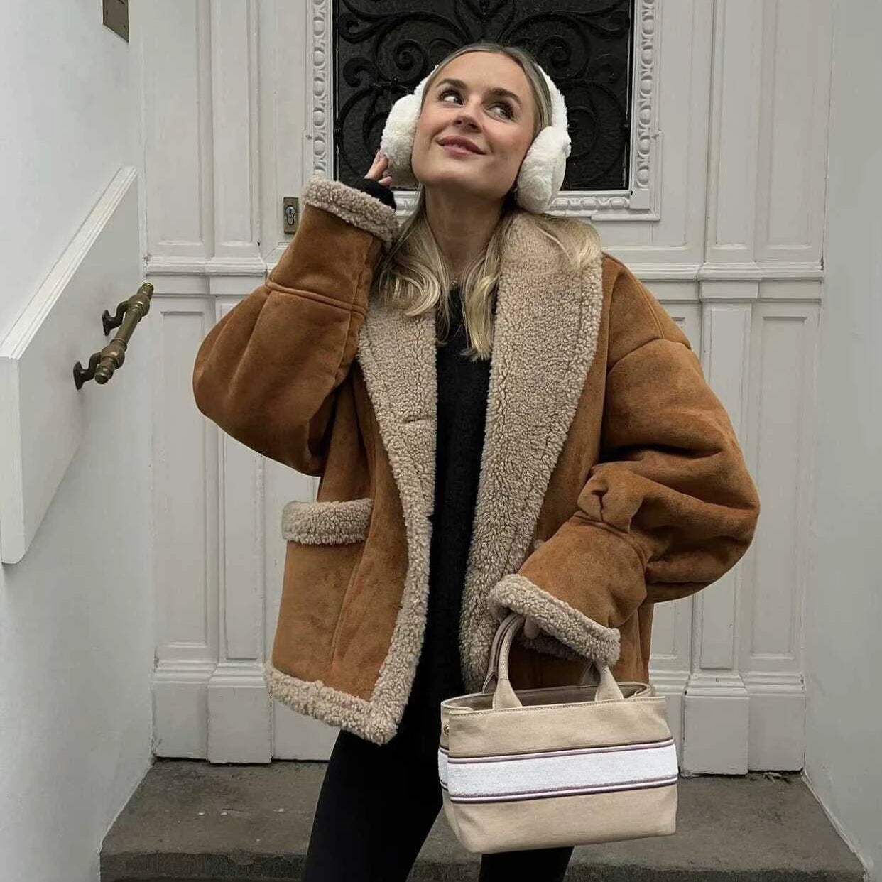 Lunivop Autumn and Winter Warm Cotton Jacket Coat 2024 Loose Brown Faux Fur Suede Jacket Casual Oversize Coats Jacket Women Welt Pockets Slit Pockets Flap Pockets