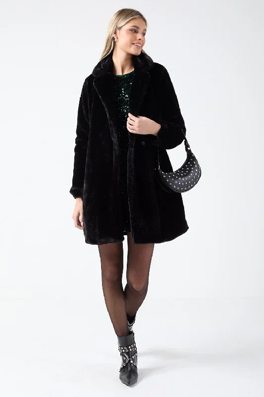 Cindy Long Faux Fur Jacket in Black Knit Fabric Woven Fabric Fleece Fabric