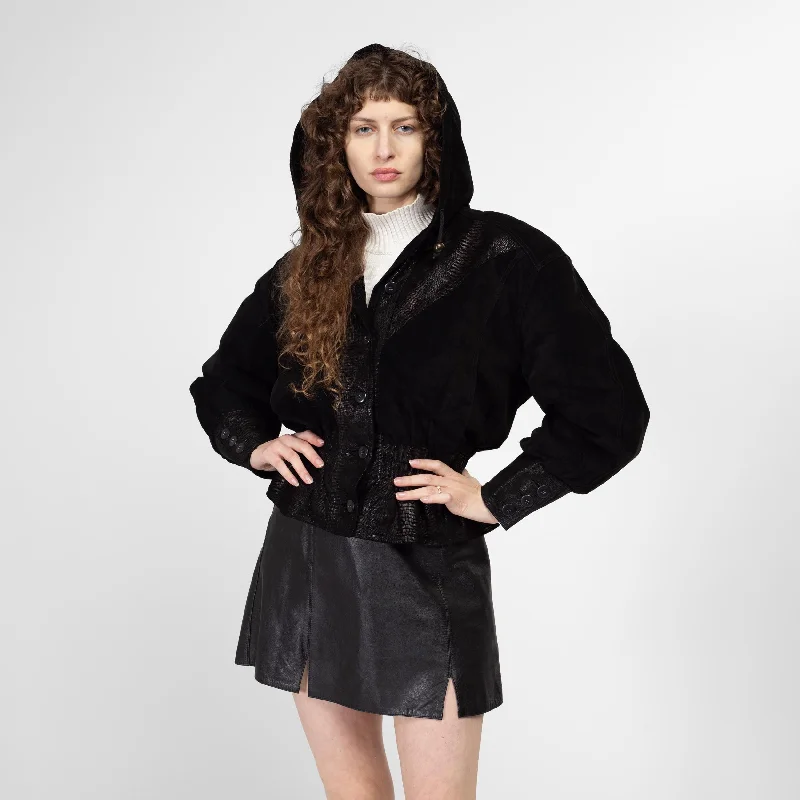 Medium 80s Black Embossed Suede Cropped Hooded Jacket Notch Collar Jacket Peter Pan Collar Jacket Cowl Neck Jacket