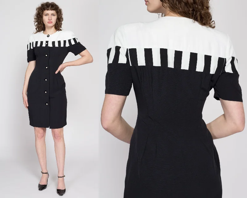 Medium 80s Black & White Piano Key Mini Dress Stylish Sweetheart Neck Mini Dress