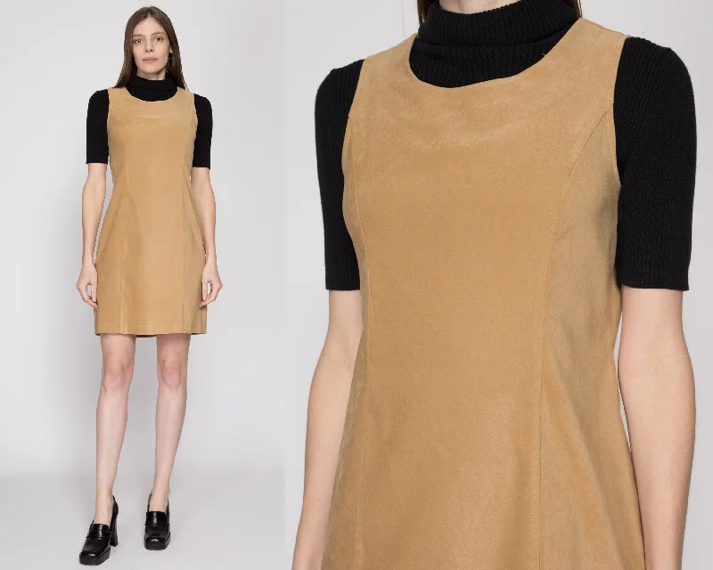 Medium 90s Minimalist Tan Faux Suede Sleeveless Mini Dress Classic Striped Mini Dress