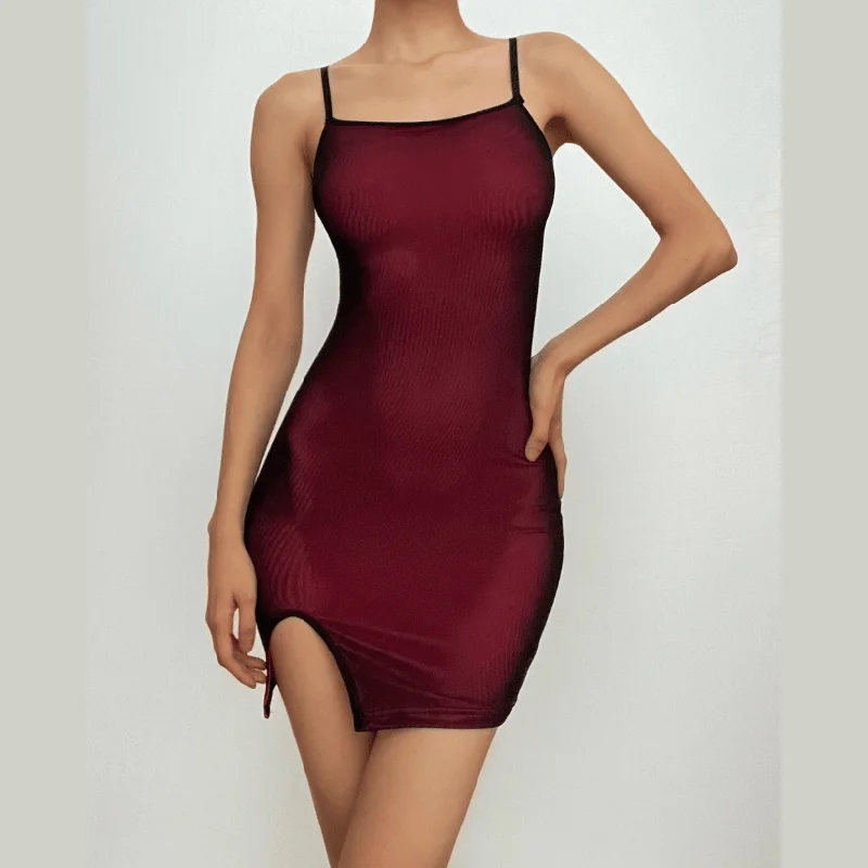 Mesh slit square neck irregular backless cami mini dress Chic Mini Dress with V-Neck
