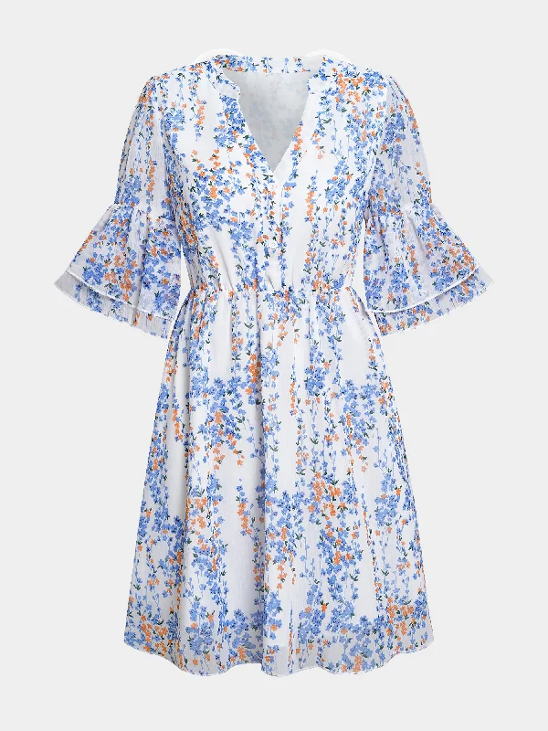 Midsize Sprightly Bouquet Mid-Sleeves Mini Dress Chic Pleated Mini Dress