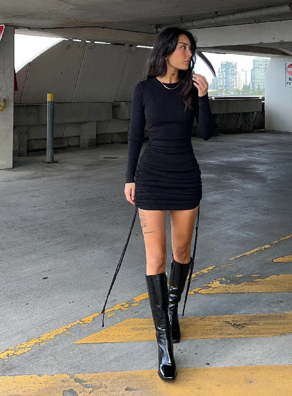 Military Minds Long Sleeve Mini Dress Black Fashionable Mini Dress with Pockets