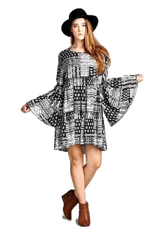 Multi-Pattern Bell Sleeve Dress, Black