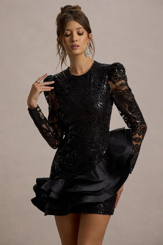 Myka | Black Sequin Long-Sleeve Ruffle Hem Mini Dress Fashionable Pleated Mini Dress