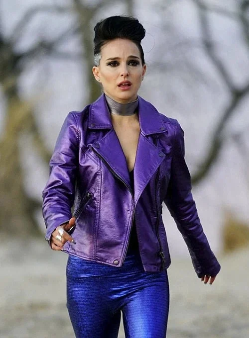 Natalie Portman Vox Lux Purple Leather Jacket Notch Collar Peter Pan Collar Cowl Neck