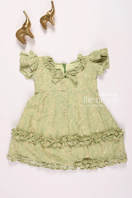 Delightful Green Ruffle Dress with Paisley Pattern for Girls